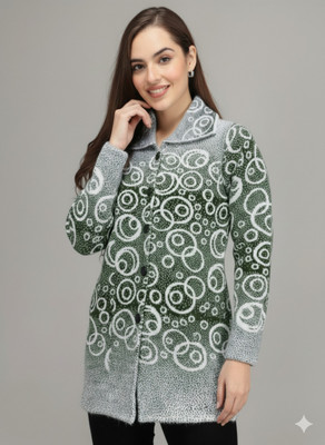 Blushh Collection Printed Collared Neck Casual Women Dark Green Sweater