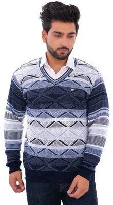 Loglo Self Design V Neck Casual Men Dark Blue Sweater