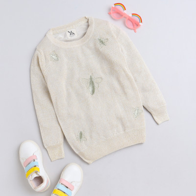 COMPOUND Self Design Round Neck Casual Baby Girls Beige Sweater