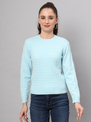 MODKLINE Geometric Print Turtle Neck Casual Women Blue Sweater