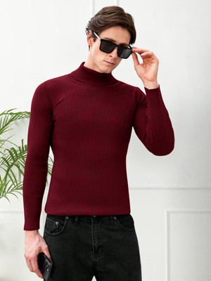 NATRIS Self Design High Neck Casual Men Maroon Sweater