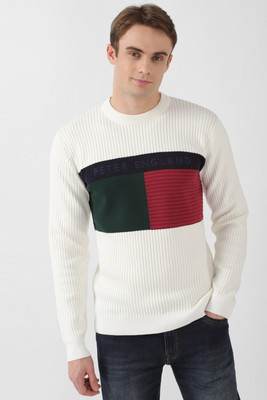 PETER ENGLAND Colorblock Round Neck Casual Men White Sweater