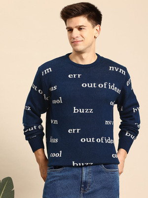 7572brand Printed Round Neck Casual Men Blue Sweater