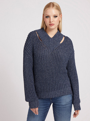 GUESS Self Design V Neck Casual Women Blue Sweater