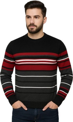IRA CHOICE Striped Round Neck Casual Men Black Sweater