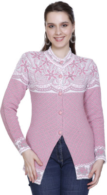 HITTIKA Geometric Print Round Neck Casual Women Pink Sweater