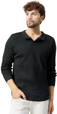 Life and style Self Design Collared Neck Casual Men Black Sweater