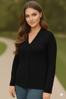 NATRIS Solid V Neck Casual Women Black Sweater