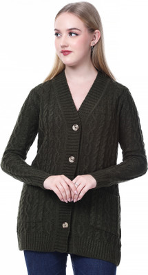 NOQUO Self Design V Neck Casual Women Brown Sweater