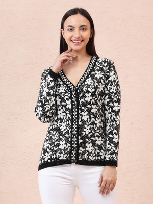 NOQUO Embroidered V Neck Casual Women Black, White Sweater