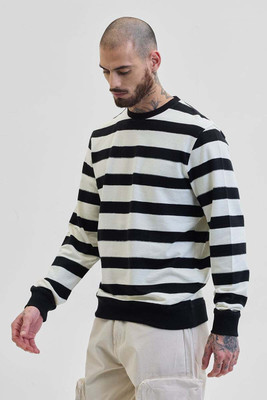 Snitch Striped Round Neck Casual Men Black Sweater