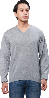 PARK AVENUE Solid V Neck Casual Men Grey Sweater