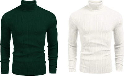 FREAKS Solid High Neck Casual Men Dark Green, White Sweater