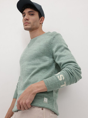 Roadster Woven Round Neck Casual Men Green Sweater