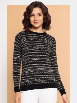 CLAPTON Printed Round Neck Casual Women Black Sweater