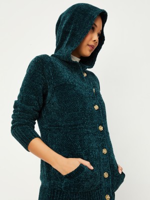 MAX Solid Hooded Neck Casual Women Green Sweater