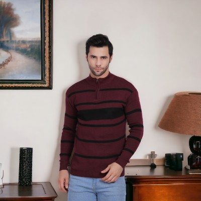 GLAUCUS Striped High Neck Casual Men Maroon Sweater