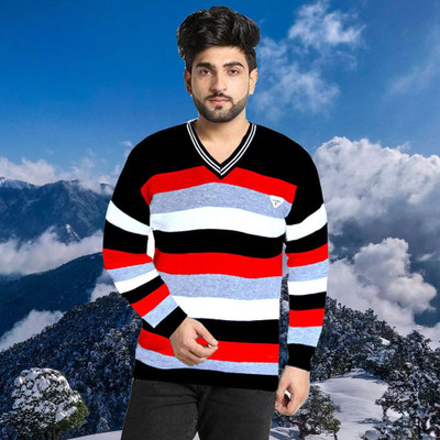 FUTUREGEMS Striped V Neck Casual Men Multicolor Sweater