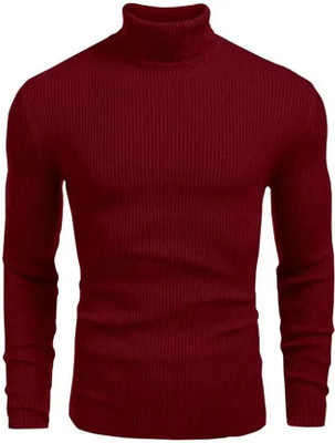 NATRIS Solid High Neck Casual Men Maroon Sweater