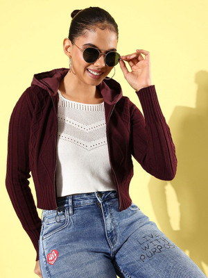 Roadster Self Design Hooded Neck Casual Women Maroon Sweater