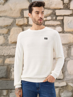 Status Quo Self Design Round Neck Casual Men White Sweater