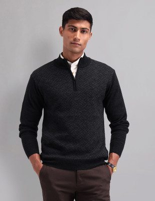 AD by Arvind Self Design Round Neck Casual Men Grey Sweater