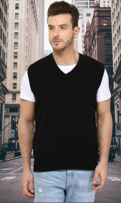 jorden4u Solid, Self Design, Embroidered V Neck Casual Men Black Sweater