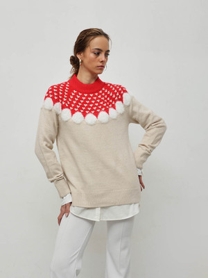 STREET9 Self Design Round Neck Casual Women Red, Beige Sweater