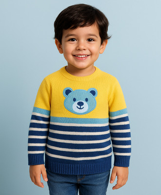 Vadahee Striped Round Neck Casual Boys & Girls Yellow Sweater