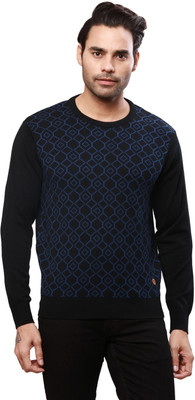 Raymond Self Design Round Neck Casual Men Black Sweater
