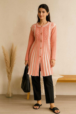 DIMSYCOLLECTION Striped Round Neck Casual Women Pink, White Sweater