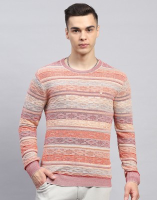 MONTE CARLO Striped Round Neck Casual Men Pink Sweater