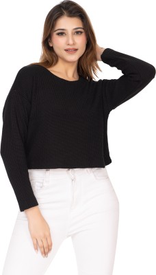 TWENTY ME Self Design Round Neck Casual Women Black Sweater