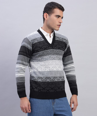 MYLES Geometric Print V Neck Casual Men Black Sweater