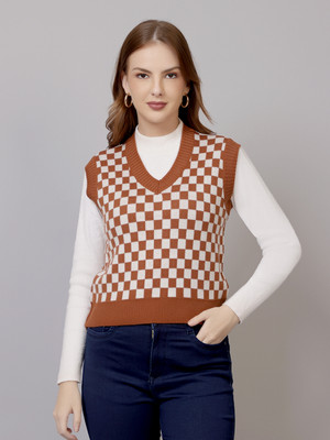 FEVERFEW Checkered V Neck Casual Women Multicolor Sweater
