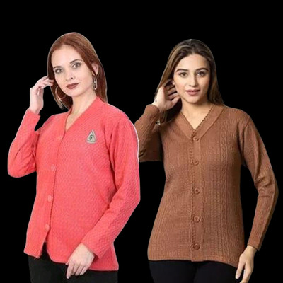 LUXURIOUS DESIGN Solid V Neck Casual Women Pink, Brown Sweater