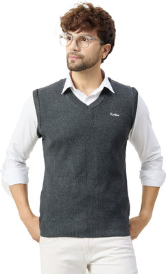KVETOO Solid V Neck Casual Men Black Sweater