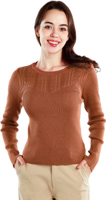 London Rag Self Design Boat Neck Casual Women Brown Sweater