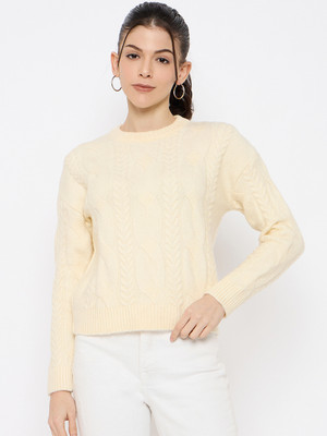 DUKE Self Design Round Neck Casual Women White Sweater