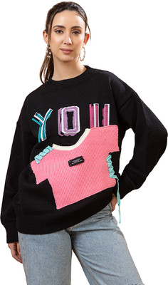 GFO Graphic Print Round Neck Casual Women Black Sweater