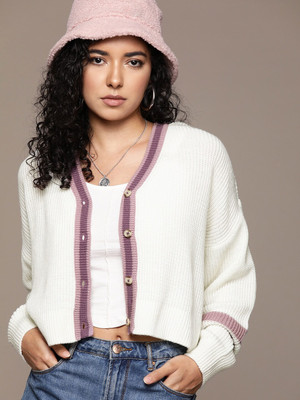 Roadster Self Design V Neck Casual Women White Sweater