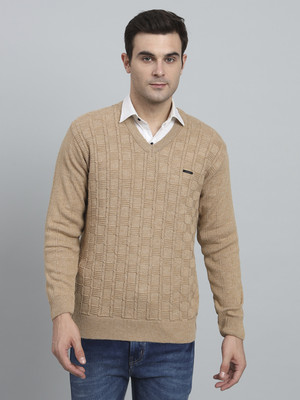 eWools Self Design V Neck Casual Men Beige Sweater
