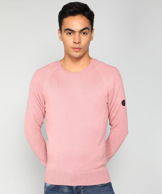 WROGN Self Design Round Neck Casual Men Pink Sweater