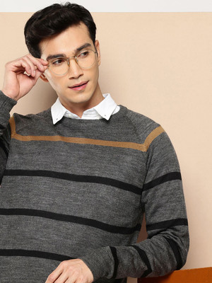INVICTUS Striped Round Neck Casual Men Grey Sweater