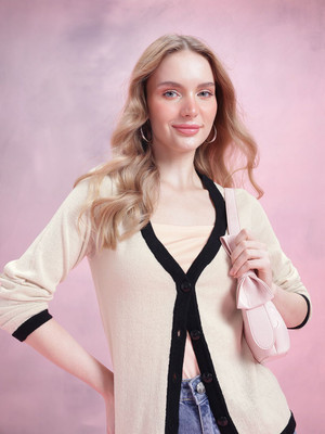 Dressberry Colorblock V Neck Casual Women Beige Sweater