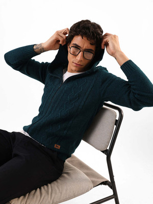 Dennis Lingo Self Design Hooded Neck Casual Men Green Sweater