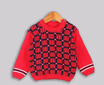 SwellSwag Checkered Round Neck Casual Baby Boys & Baby Girls Red Sweater