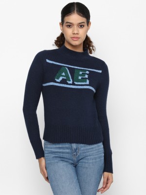 American Eagle Outfitters Woven High Neck Casual Women Dark Blue Sweater