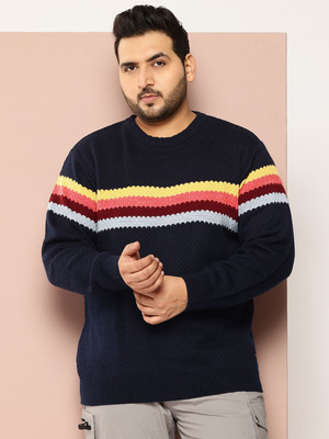 Sztori Self Design, Colorblock Round Neck Casual Men Blue Sweater