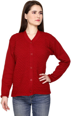 HouseOfCommon Self Design V Neck Casual Women Maroon Sweater